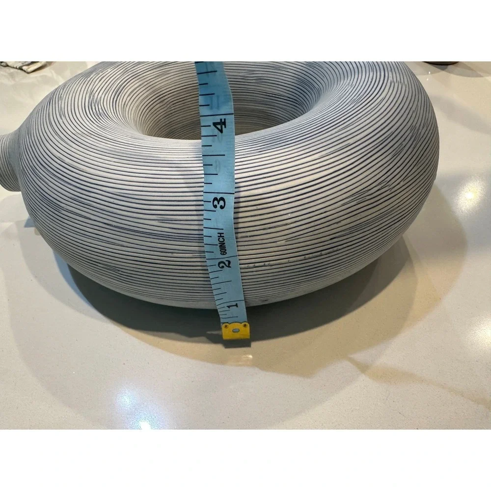 Modern Ribbed Ceramic Donut‎ Vase White Blue Textured Circular Sculpture 11 Inch